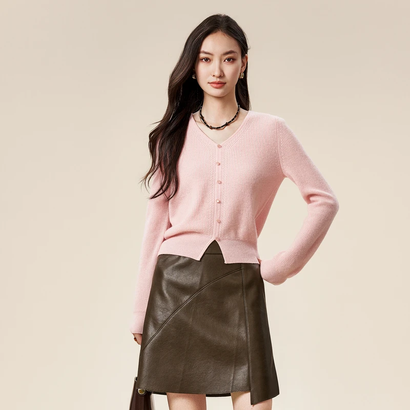 XG雪歌纯绵羊毛毛针织衫2024冬季新款粉色开衫外套女XK411818A816