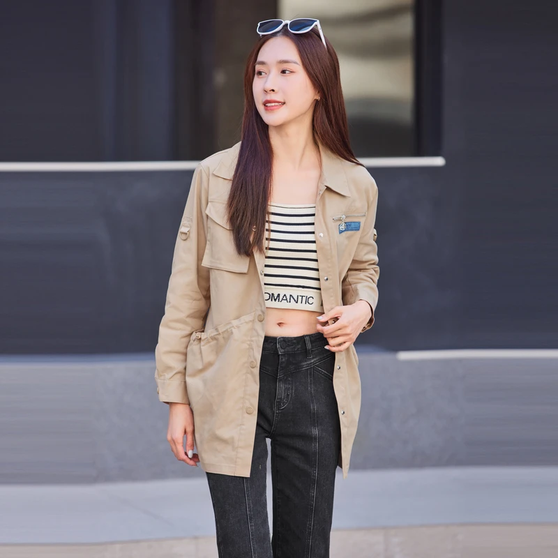 XG雪歌浅咖色中长款长袖风衣2023新款通勤工装风外套女装