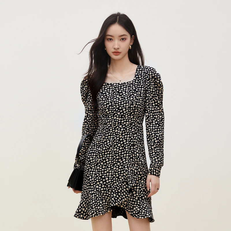 XG/雪歌满印时尚收腰碎花长袖超显瘦连衣裙连衣裙XI304002B597