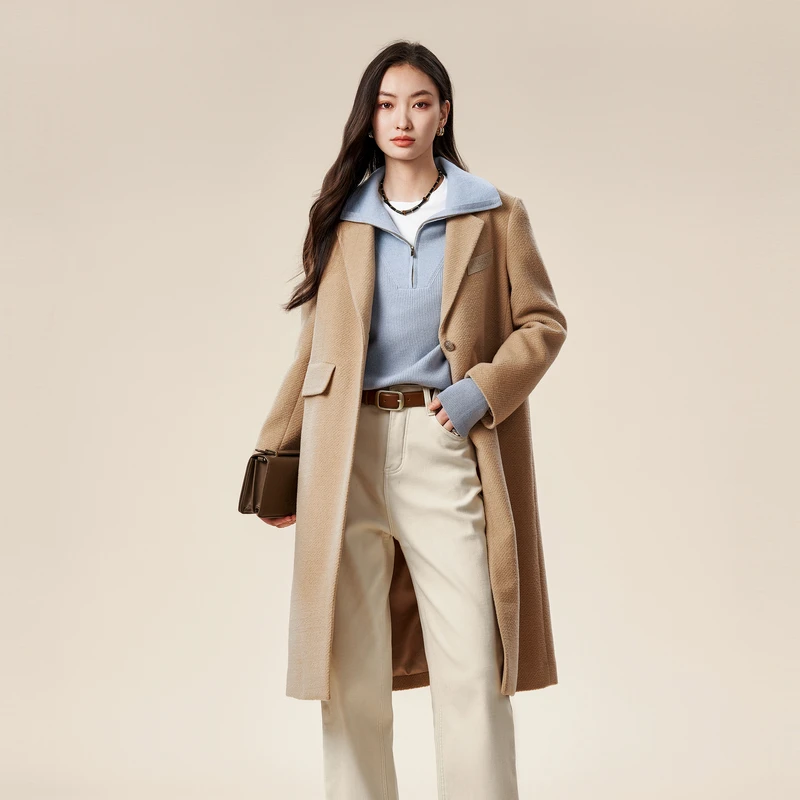 XG雪歌复古通勤毛呢外套XJ410058A273卡其色大衣女