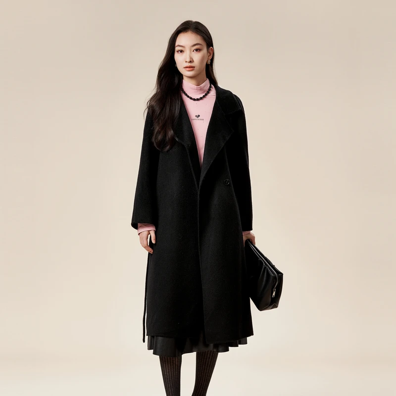 XG雪歌黑色西装领长款毛呢大衣简约显瘦系带通勤过膝羊毛呢子外套