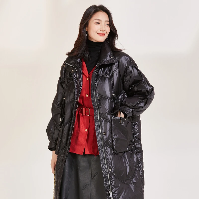 XG雪歌黑色中长款白鸭绒羽绒服女冬季新款立领面包服宽松外套女装