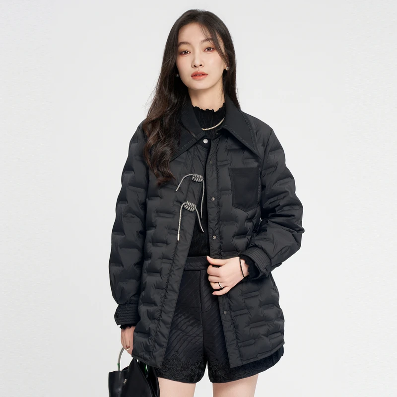 【保暖羽绒服】XG雪歌绳结装饰白鸭绒羽绒服2025冬季新款黑色中长款