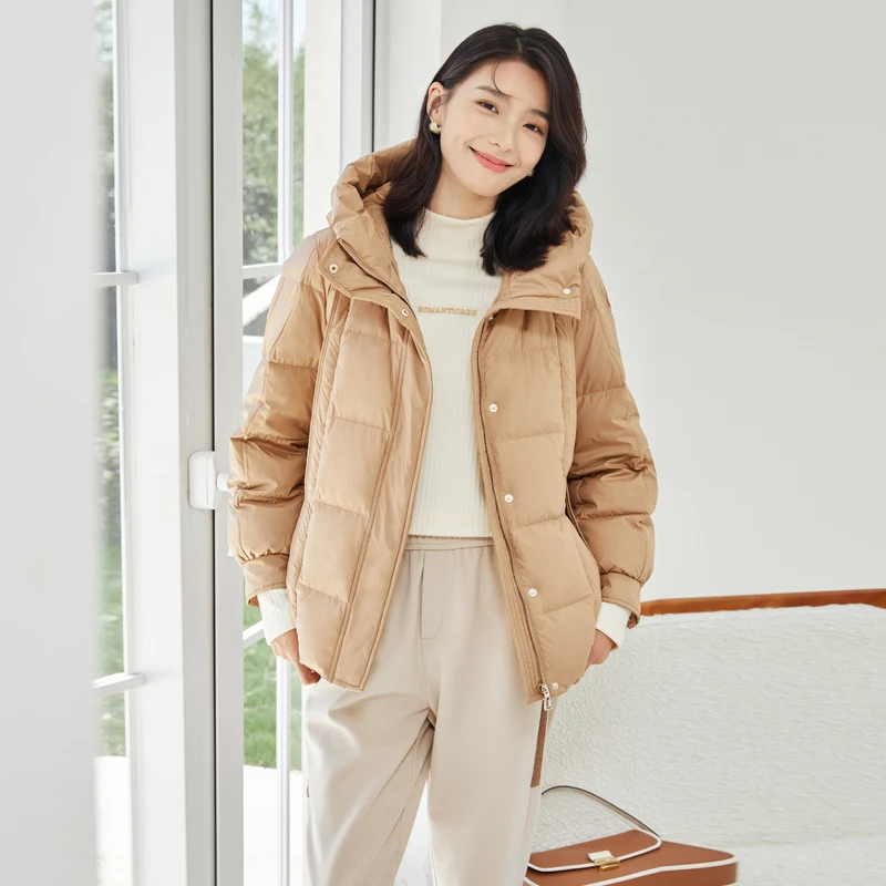 XG雪歌复古咖色白鸭绒羽绒服XI406786A809款宽松长袖加厚连帽外套