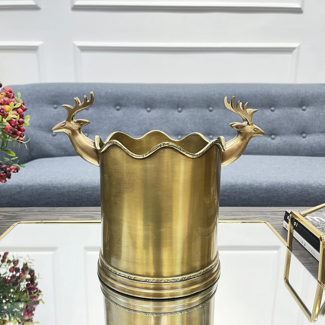 印度进口黄铜加厚红酒香槟鹿头冰桶奢华复古酒吧餐厅冰镇酒具花器
