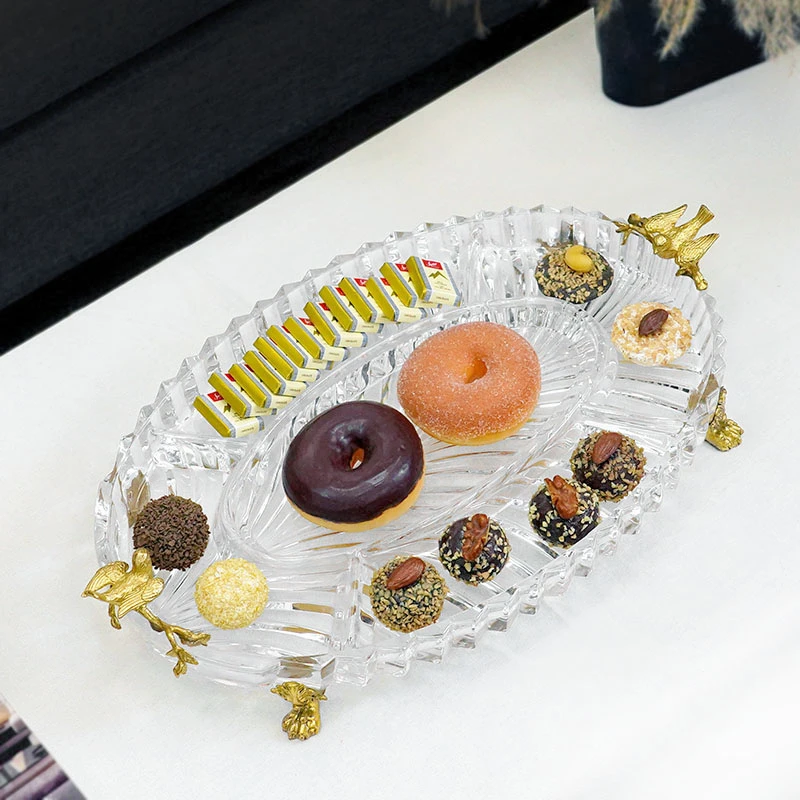 加厚玻璃黄铜多格奢华干果盘水果托盘茶几餐桌待客分格点心盘精致