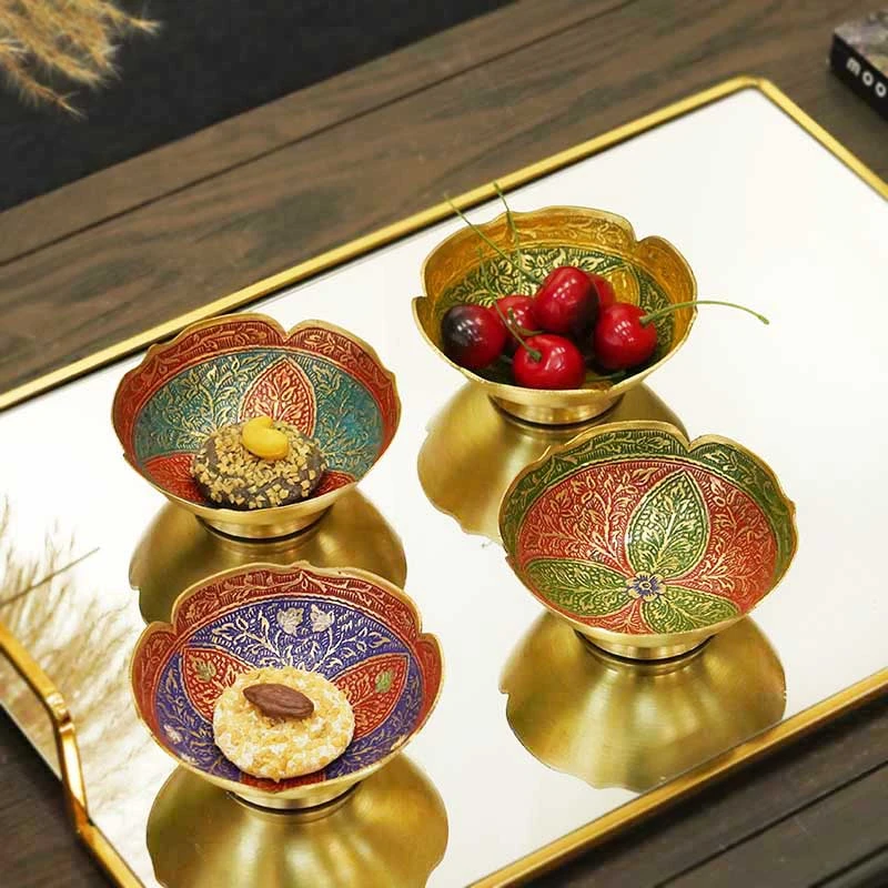 印度进口手工复古彩绘收纳碗供碗黄铜雕花彩色复古奢华全铜碗