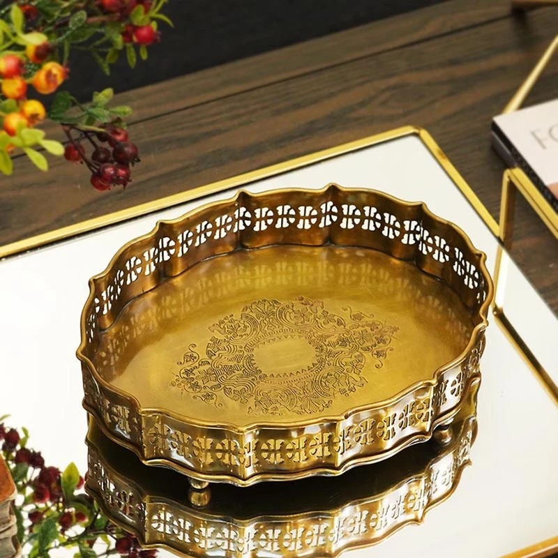 进口欧式复古雕花轻奢黄铜托盘化妆品收纳盘香薰盘玄关盘茶盘摆件
