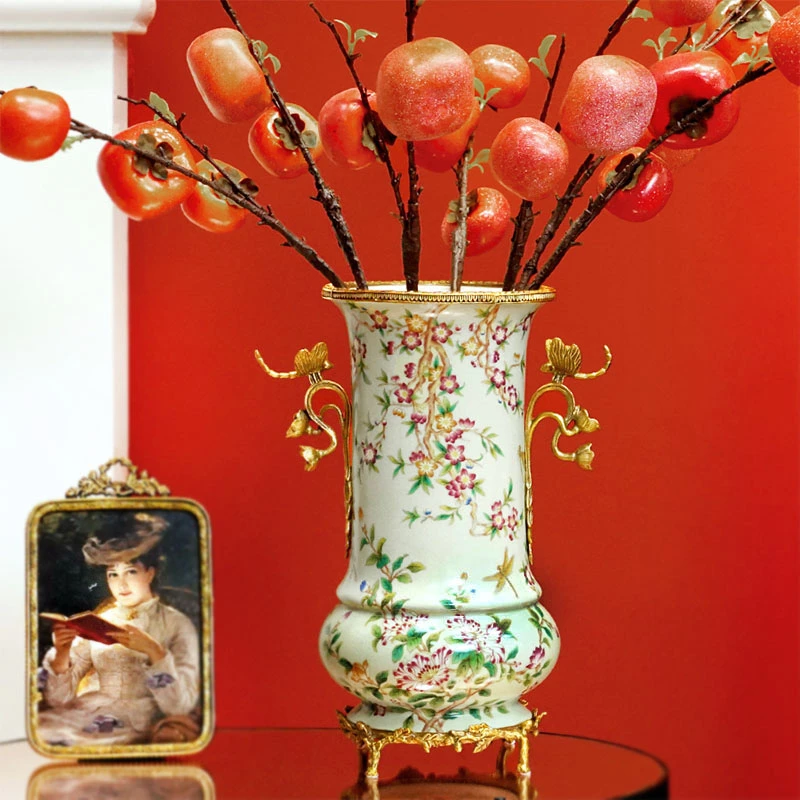手工彩绘铜配瓷大肚花瓶奢华家用花器花插摆件新中式古典艺术家居