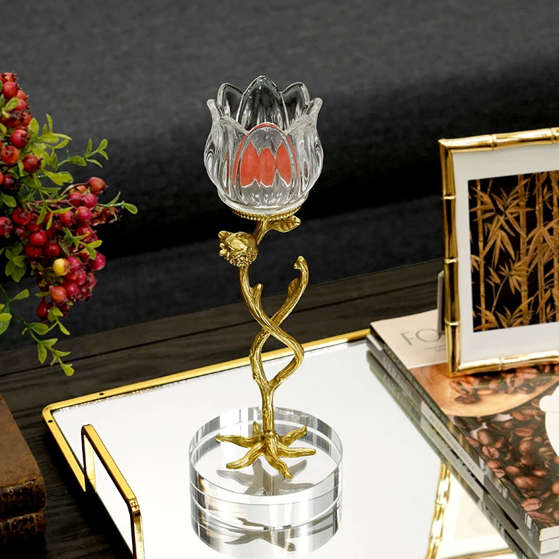 美式轻奢水晶玻璃配铜花朵造型创意烛台摆件客厅餐厅餐桌奢华装饰
