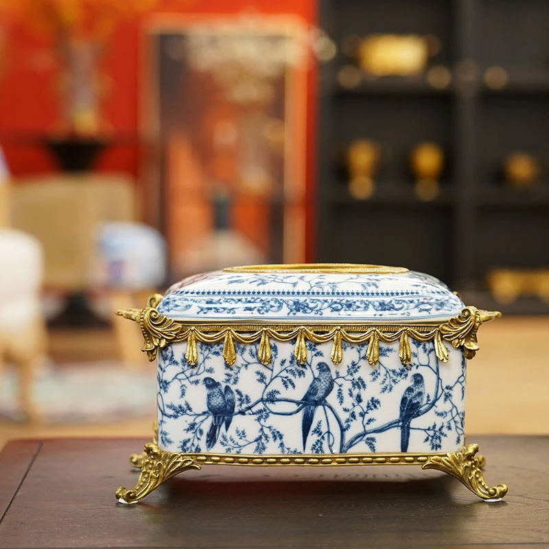 费灵家居陶瓷配铜青花手绘高档餐巾盒 家用客厅餐厅抽纸盒摆件