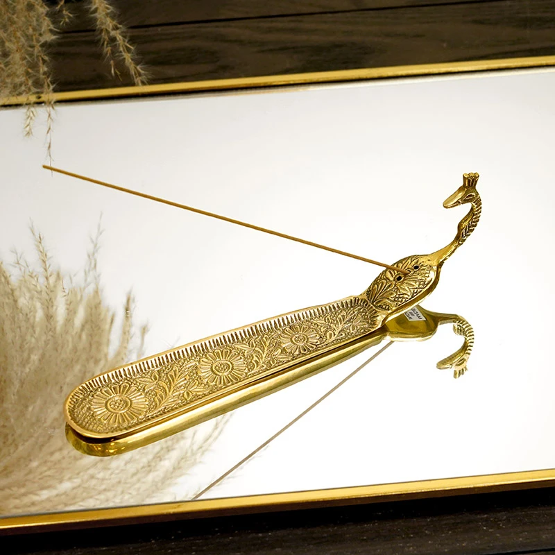 费灵家居印度进口黄铜复古手工孔雀造型香插茶室禅意摆件