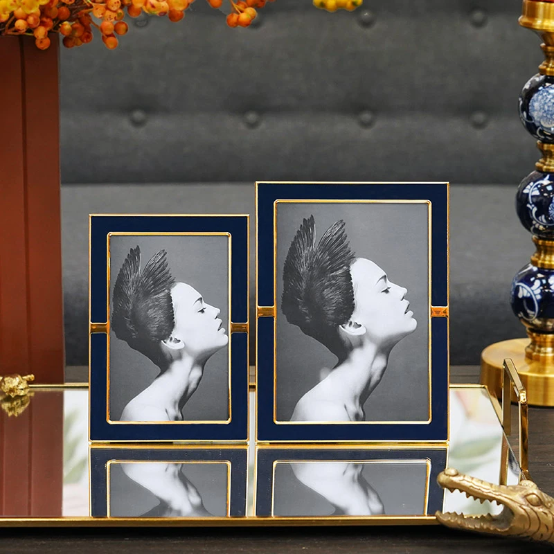 现代美式轻奢相框 金边铝制相架6寸7寸可挂墙 蓝色摆台家居装饰