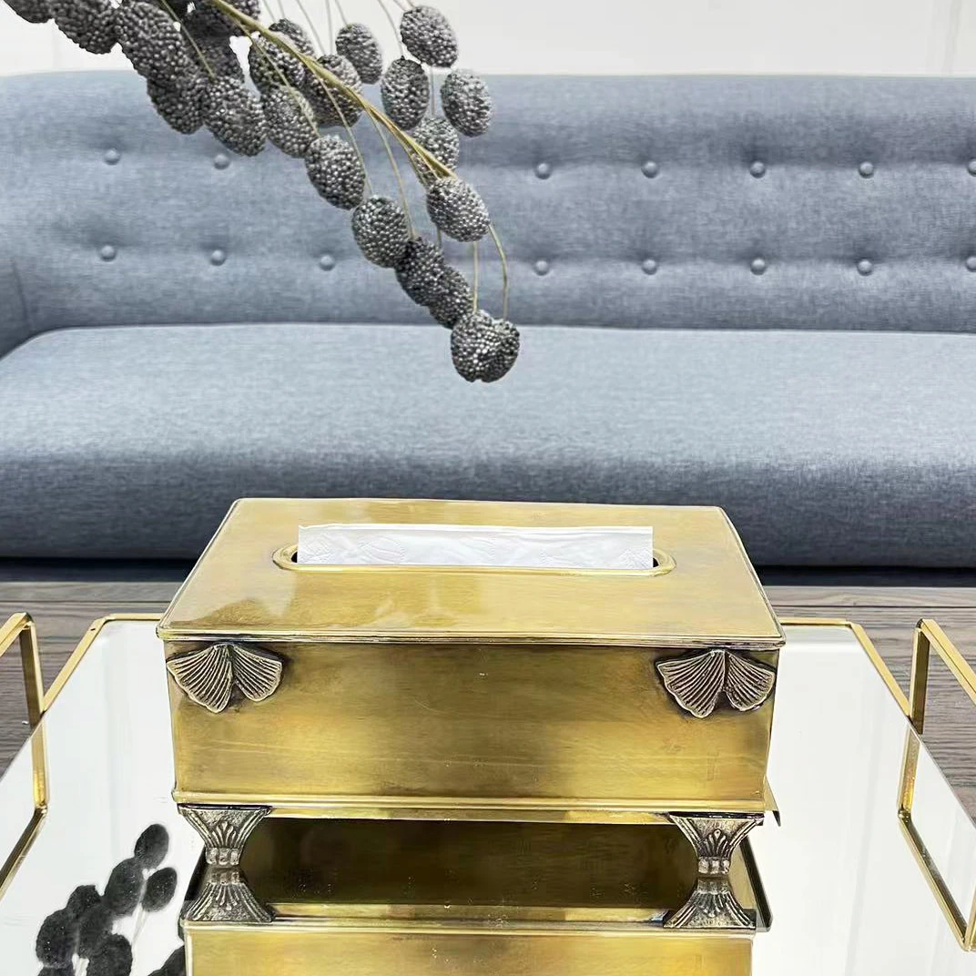 印度进口手工黄铜高脚银杏叶造型茶室纸巾盒方形长方形大号抽纸盒