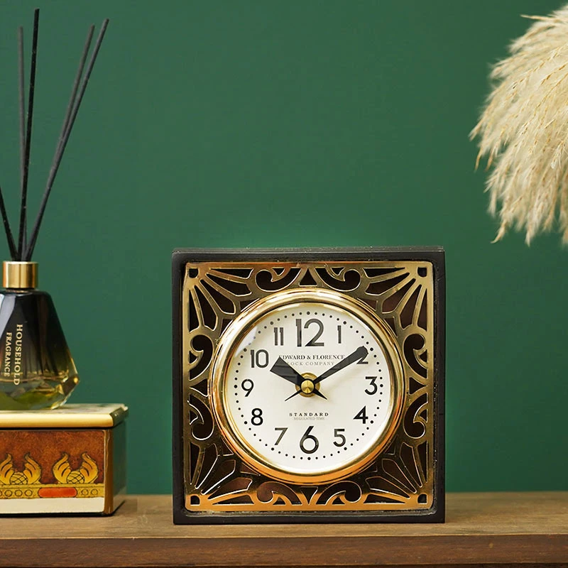 费灵家居现代美式黑金色时尚座钟 印度进口手工制品家用创意台钟