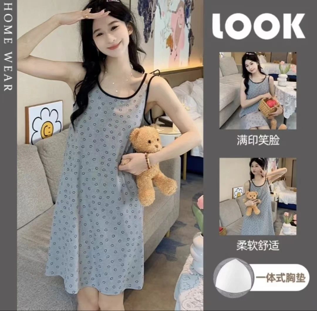 网红风满印笑脸带胸垫一体睡衣女夏季薄款莫代尔韩系减龄吊带睡裙