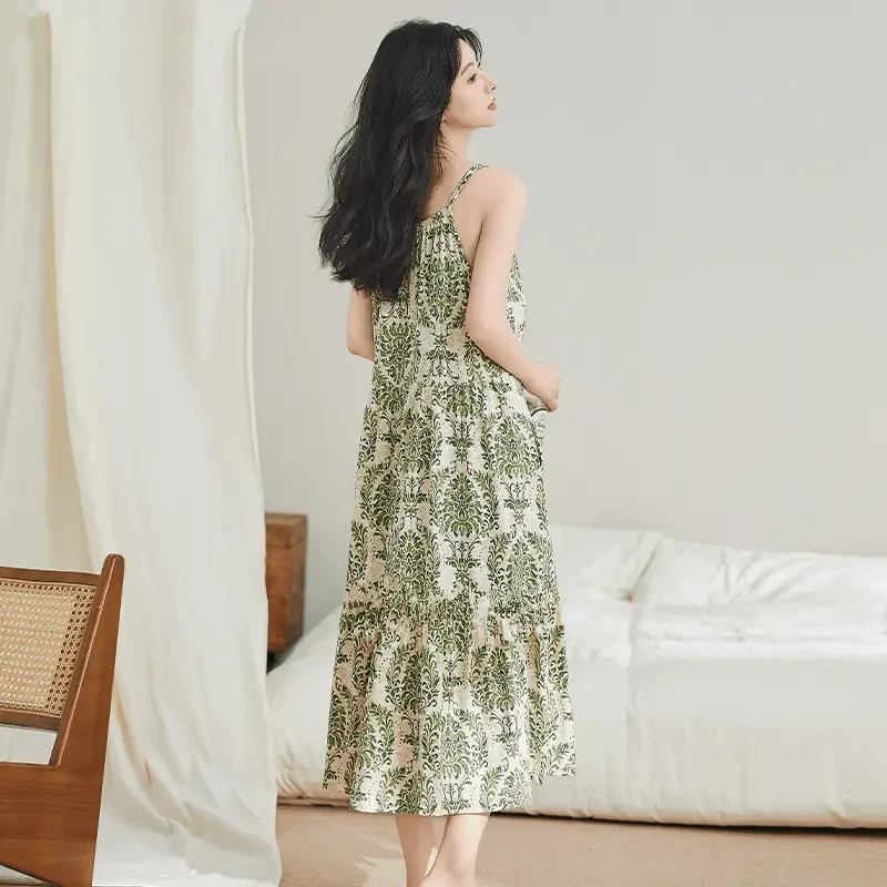 【现货】带胸垫一体中长款睡裙夏季吊带女睡衣大码可外穿连衣裙睡衣