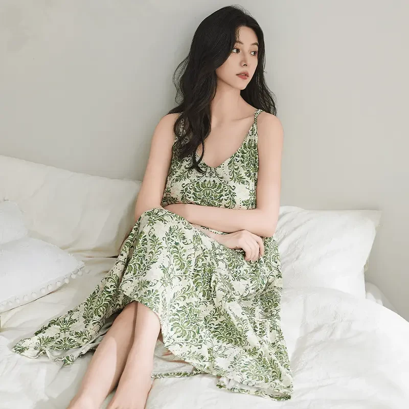 【现货】睡裙带胸垫一体吊带女睡衣大码可外穿中长款连衣裙家居服潮