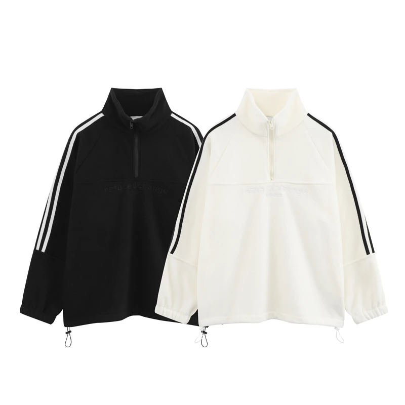 SUC-8510#【摇粒绒】三条杠运动半拉链卫衣潮牌男女