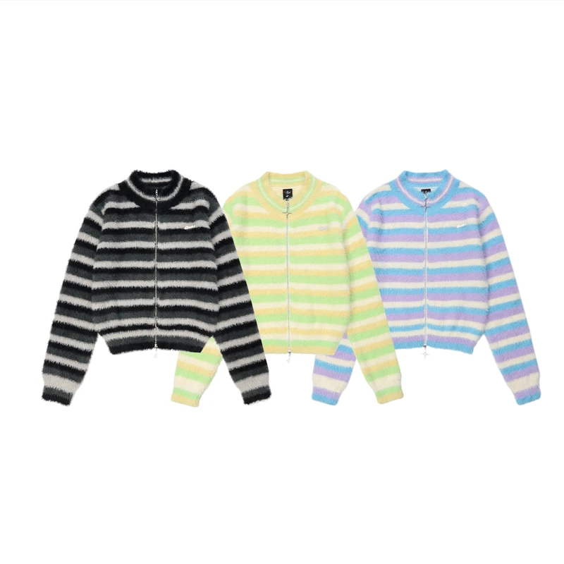 NBL-22653#潮牌原创仿貂毛条纹女款短款针织衫毛衣