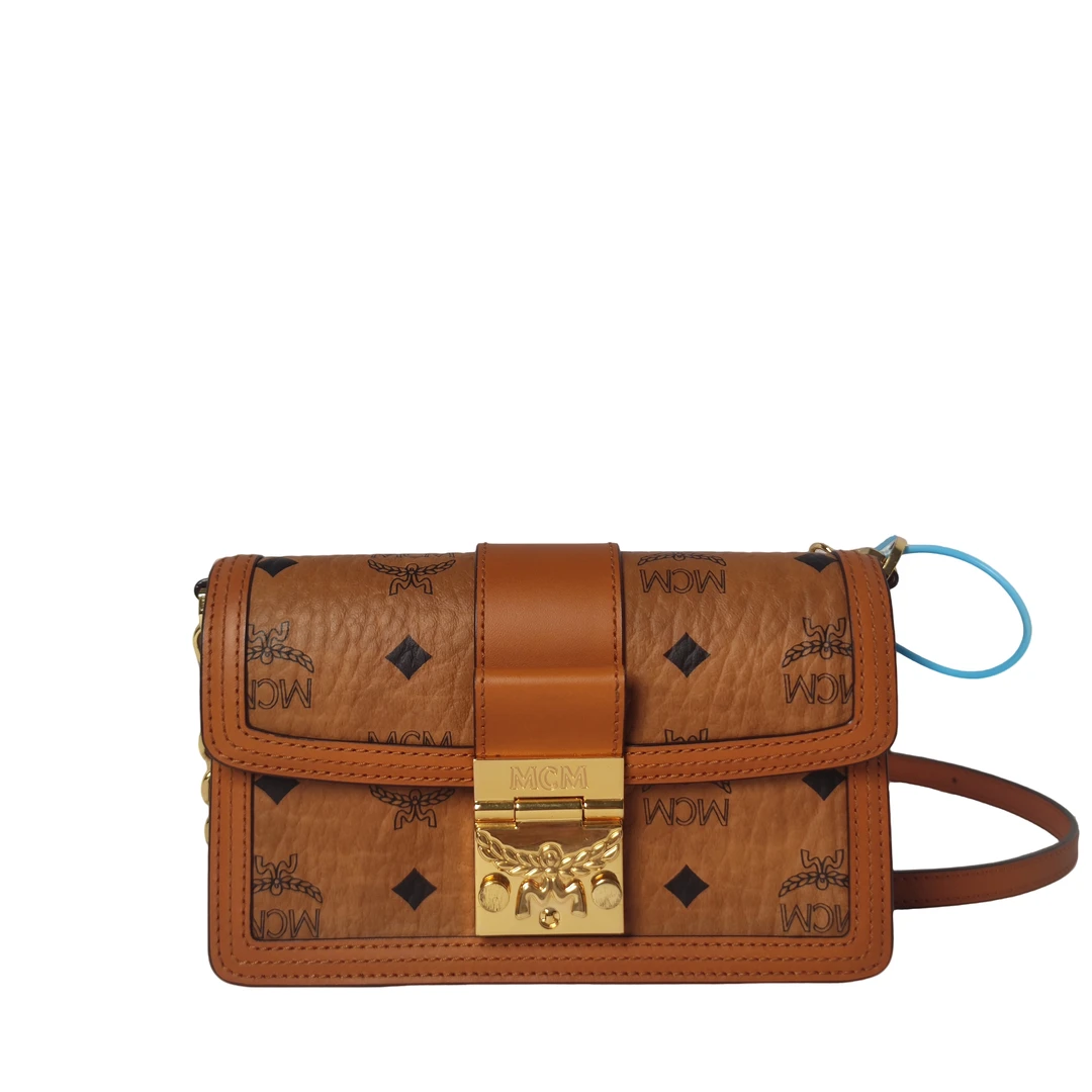 95新 MCM 干邑色印花logo链条单肩手提斜挎包