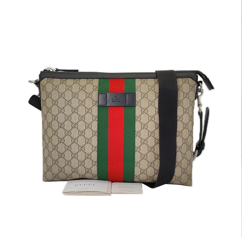 95新 GUCCI/古驰 棕色双G印花男女同款邮差包单肩斜挎包