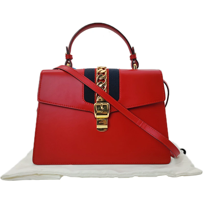 95新 GUCCI/古驰 Sylvie塞尔维亚红色大号女士单肩斜挎手提包