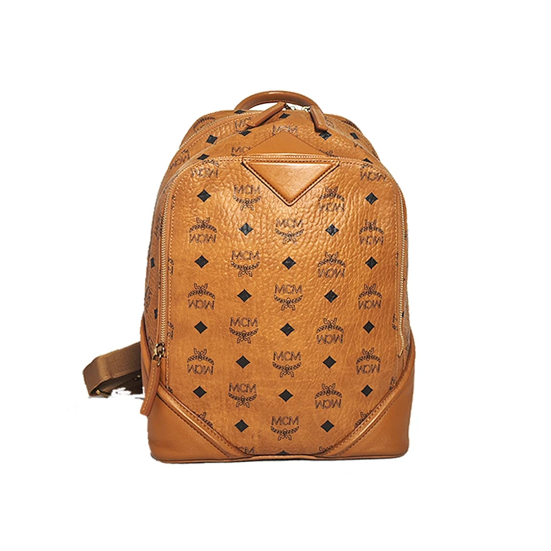 95新 MCM 经典印花Logo干邑色方形双肩包大学生时尚双肩包小号