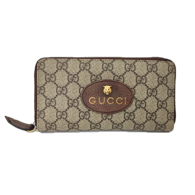 95新 GUCCI/古驰 经典双G帆布虎头男女士长款拉链卡槽钱包印花