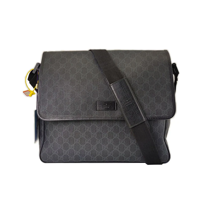90新 GUCCI/古驰 经典印花双G单肩斜挎包男士黑色翻盖邮差包
