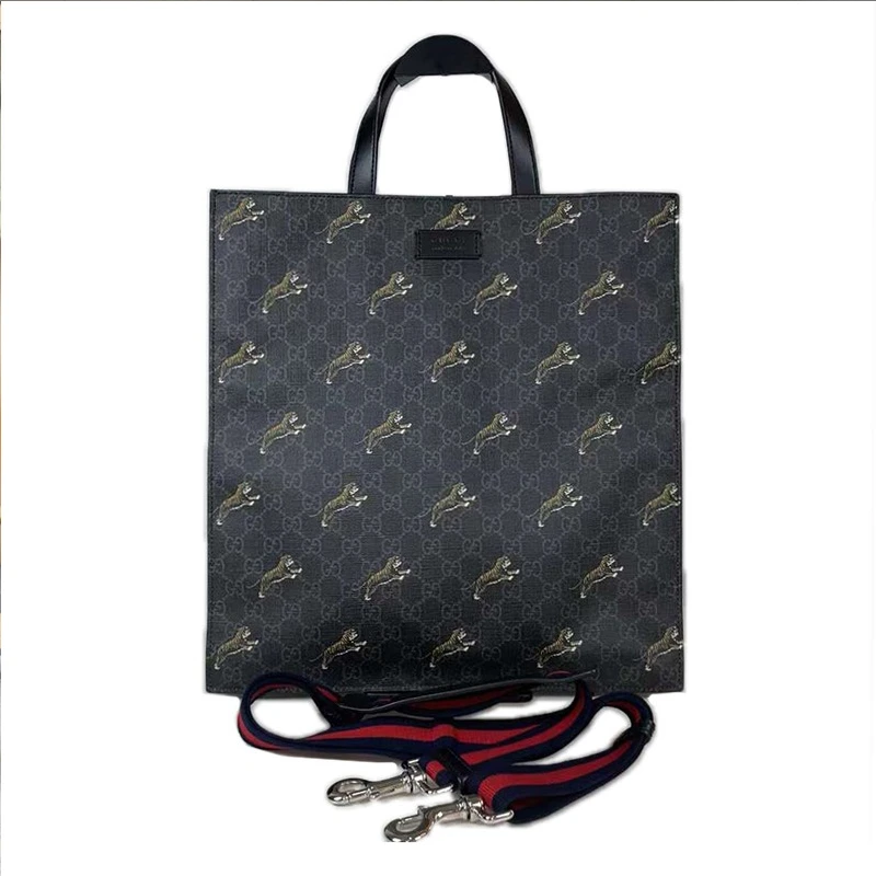 95新 GUCCI/古驰 虎纹男士黑色手提托特包时尚斜挎单肩包