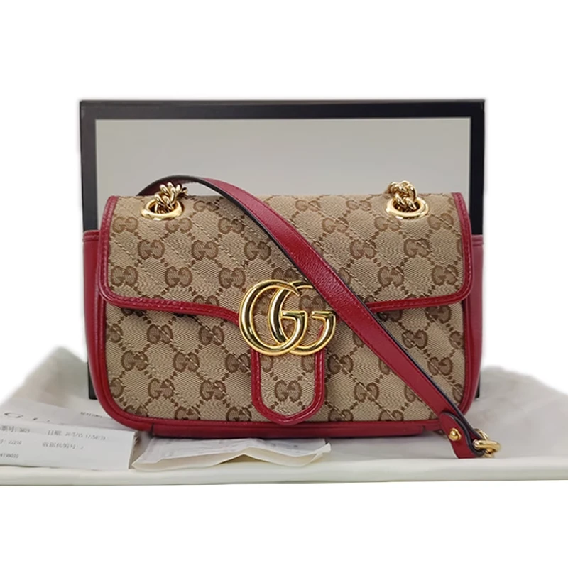 99新 GUCCI/古驰 女士marmont红色小号帆布老花单肩斜挎包链条包