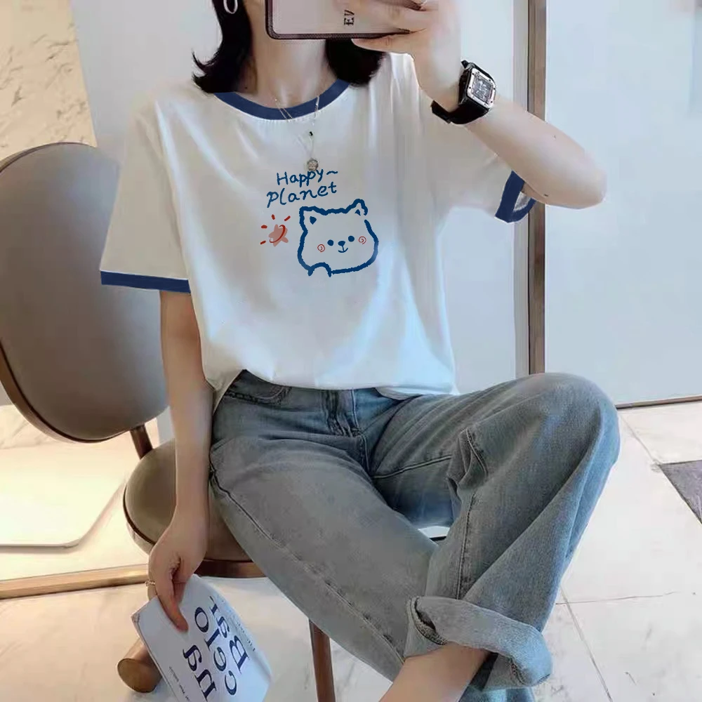 夏季新款纯棉短袖T恤女卡通印花宽松大码插色学院风时尚潮打底衫