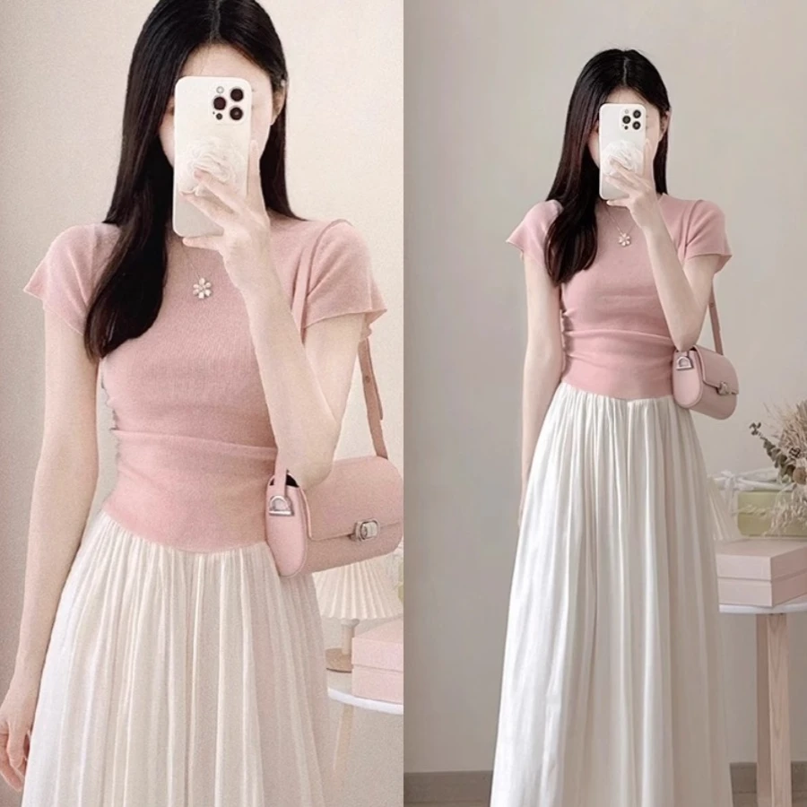 粉色不规则正肩短袖t恤女夏季薄款冰丝针织衫紧身修身小飞袖上衣