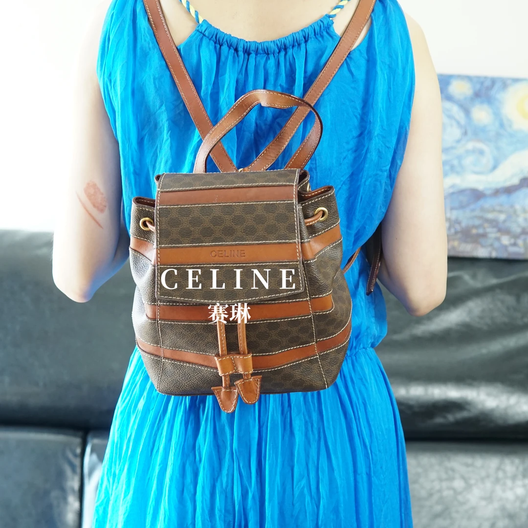 95新 Celine/思琳 老花抽绳双肩包/JJ08116134/6134