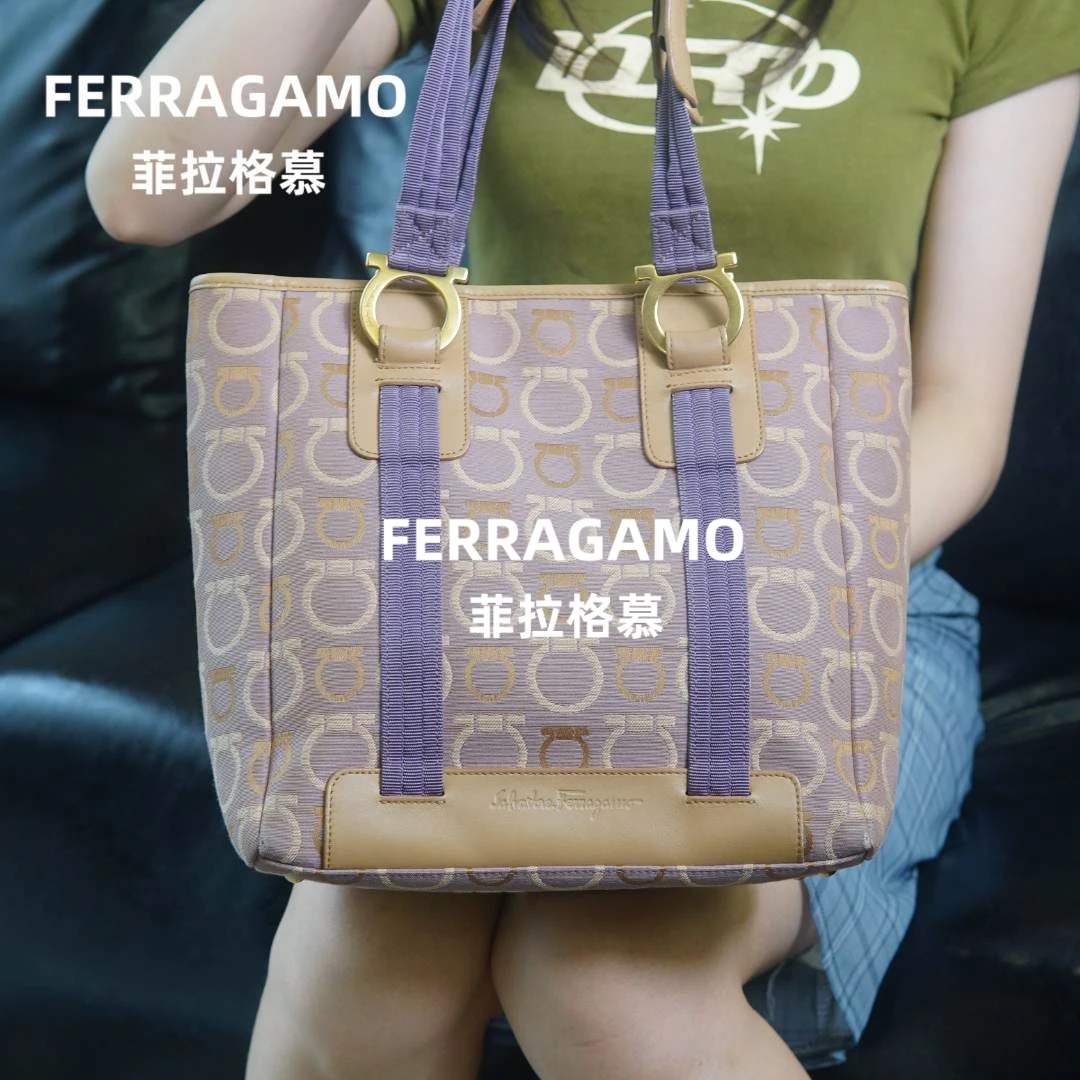95新 FERRAGAMO/菲拉格慕 紫色老花手提包/JJ06417660/09/7660