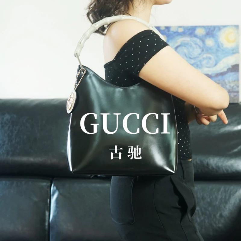 95新 GUCCI/古驰 黑色竹节单肩包/FYLX04419507/9507