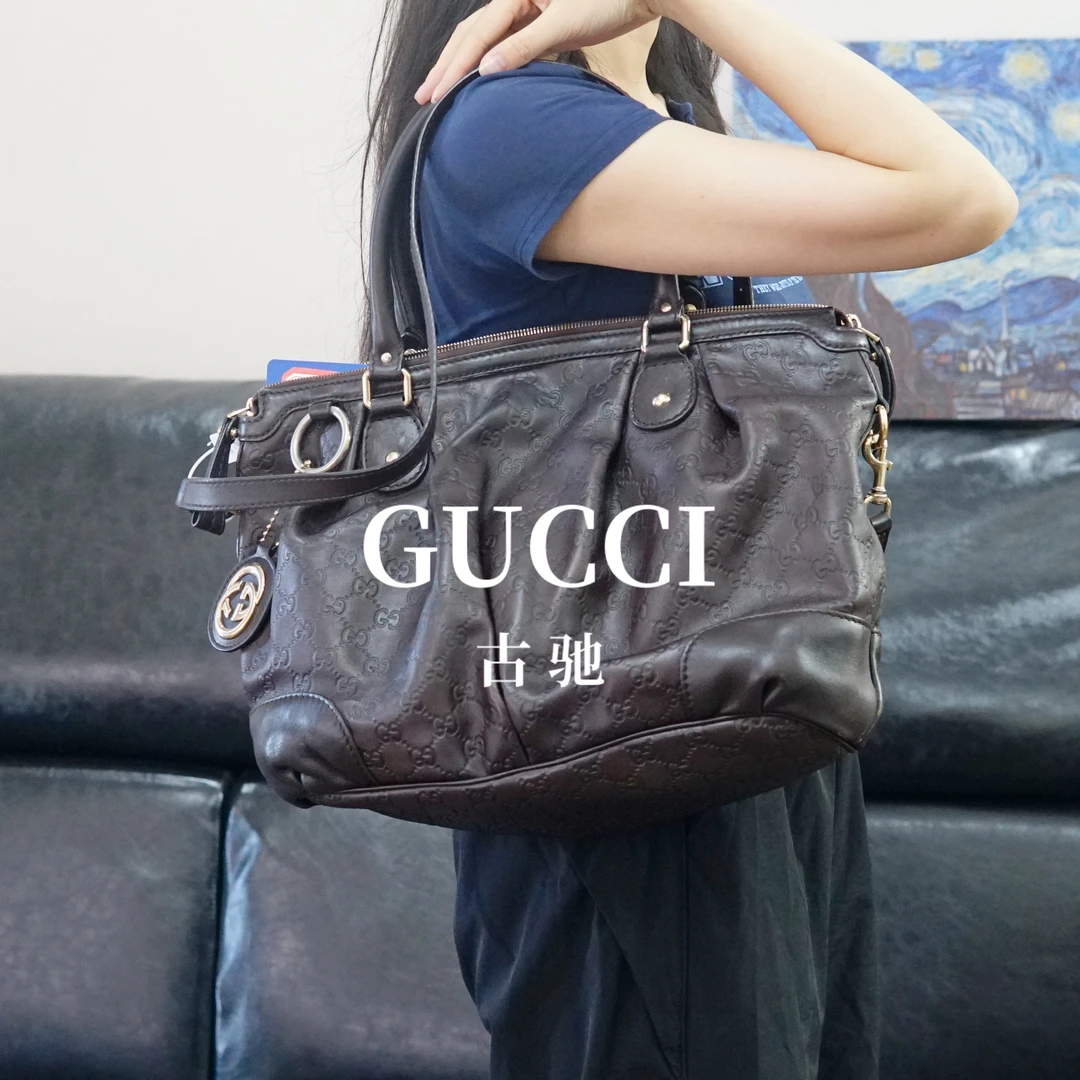 95新 GUCCI/古驰 咖色压纹手提斜挎包/YZ09719049/9049