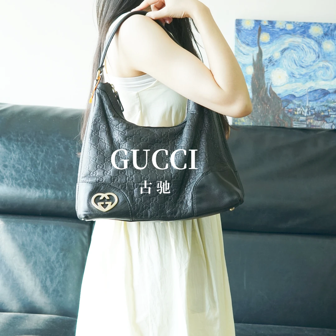 95新 GUCCI/古驰 黑色压纹牛角包/YE08411068/1068