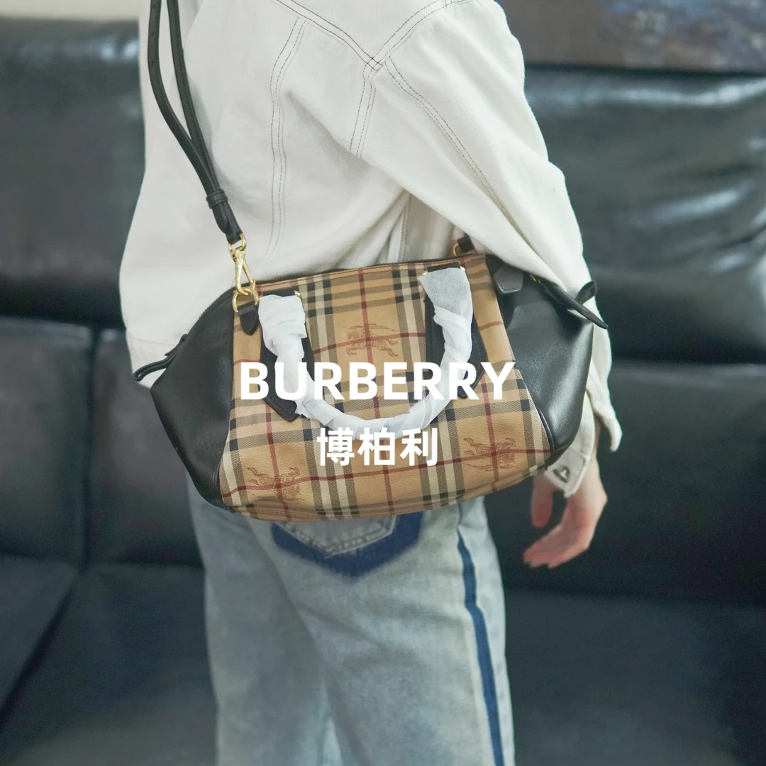 95新 BURBERRY/博柏利 巴宝莉/格纹拼皮斜挎包/AC09617081/7081