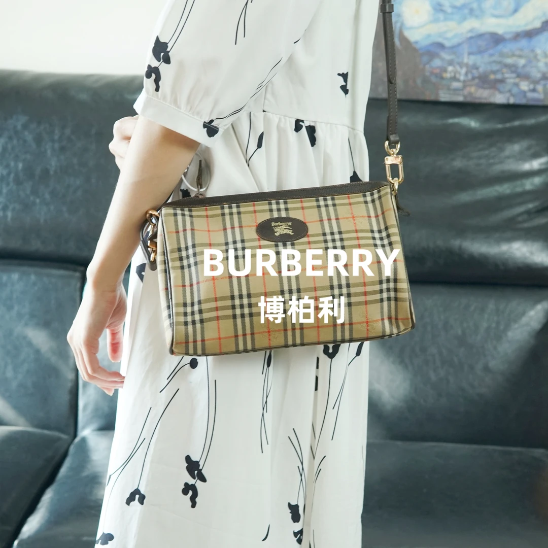 95新 BURBERRY/博柏利 格纹拼皮斜挎包包/JJ09516856/6856