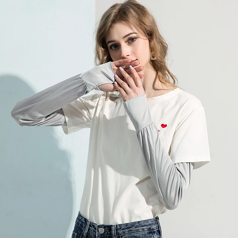 开车透气桑蚕丝防晒袖套薄款白色唐格护肤半指长款女真丝手套