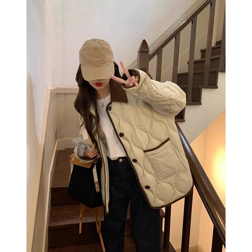 棉服女小香风菱格棉服翻领学生棉衣2024年秋冬新款棉衣轻薄棉衣