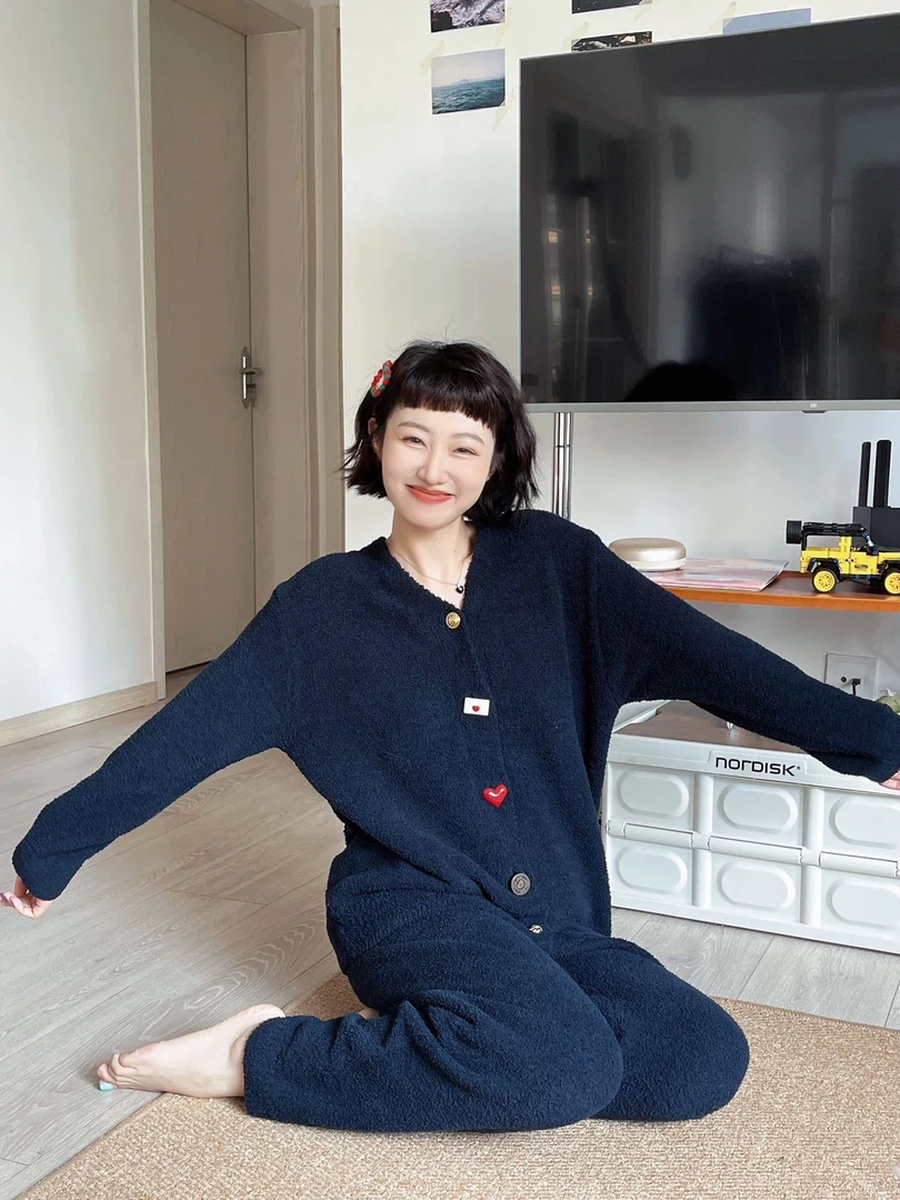 圣安娜 轻奢软绵绵半边绒睡衣女秋冬长袖长裤甜美家居服宽松套装