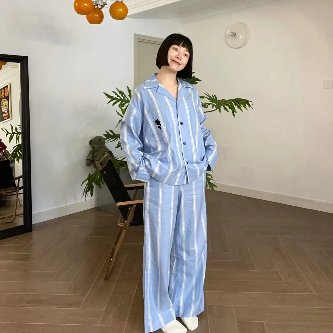 圣安娜 棉质高级感黑豹绣花情侣睡衣四季条纹温馨家居服宽松套装