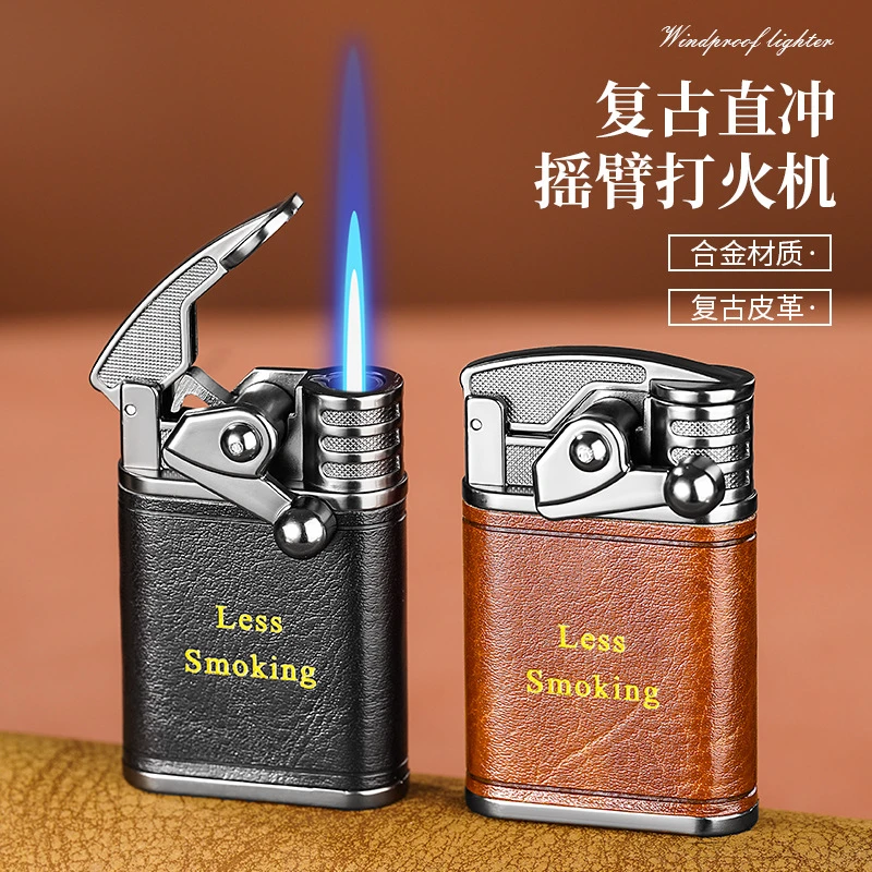 RY02贴皮摇臂充气打火机金属复古直冲防风打火机抖音快手爆款货源