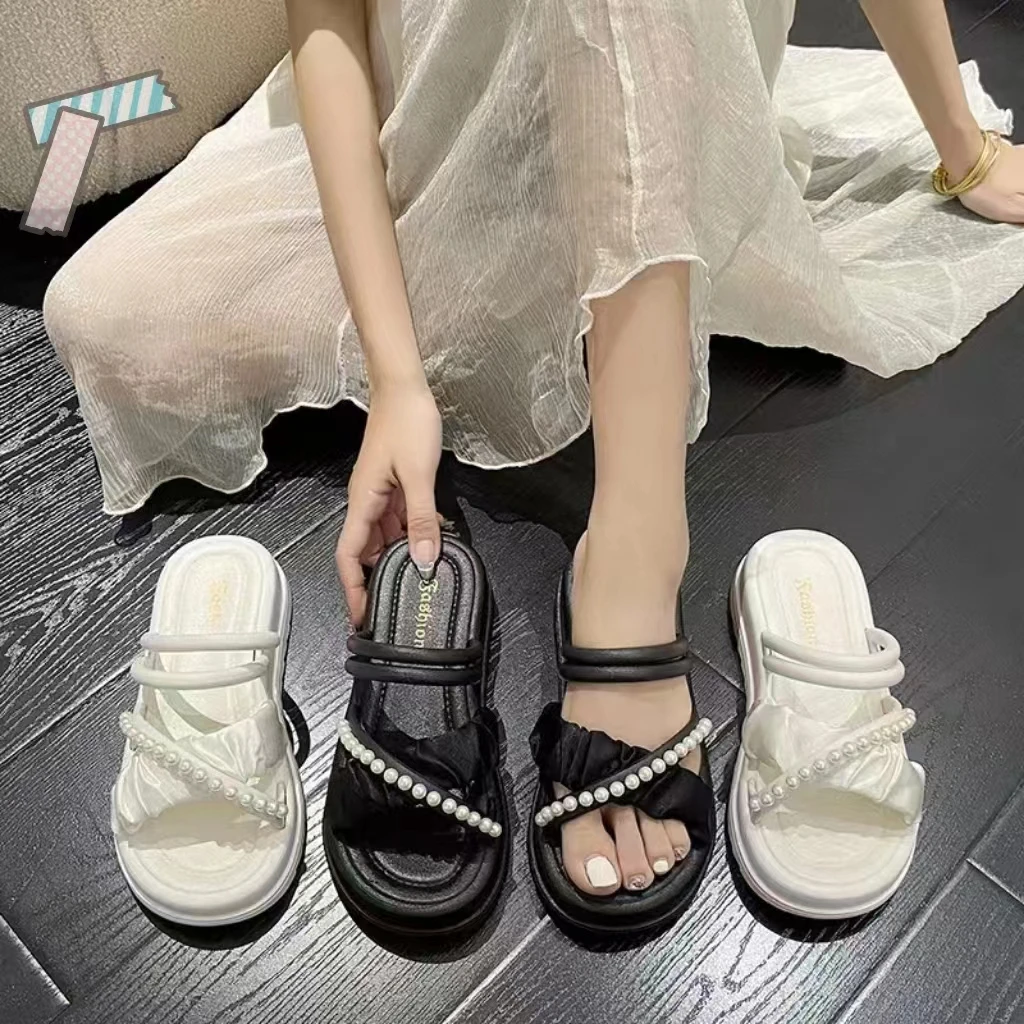 新款时尚珍珠仙女风凉鞋女夏季外穿百搭配裙子两穿厚底凉拖鞋