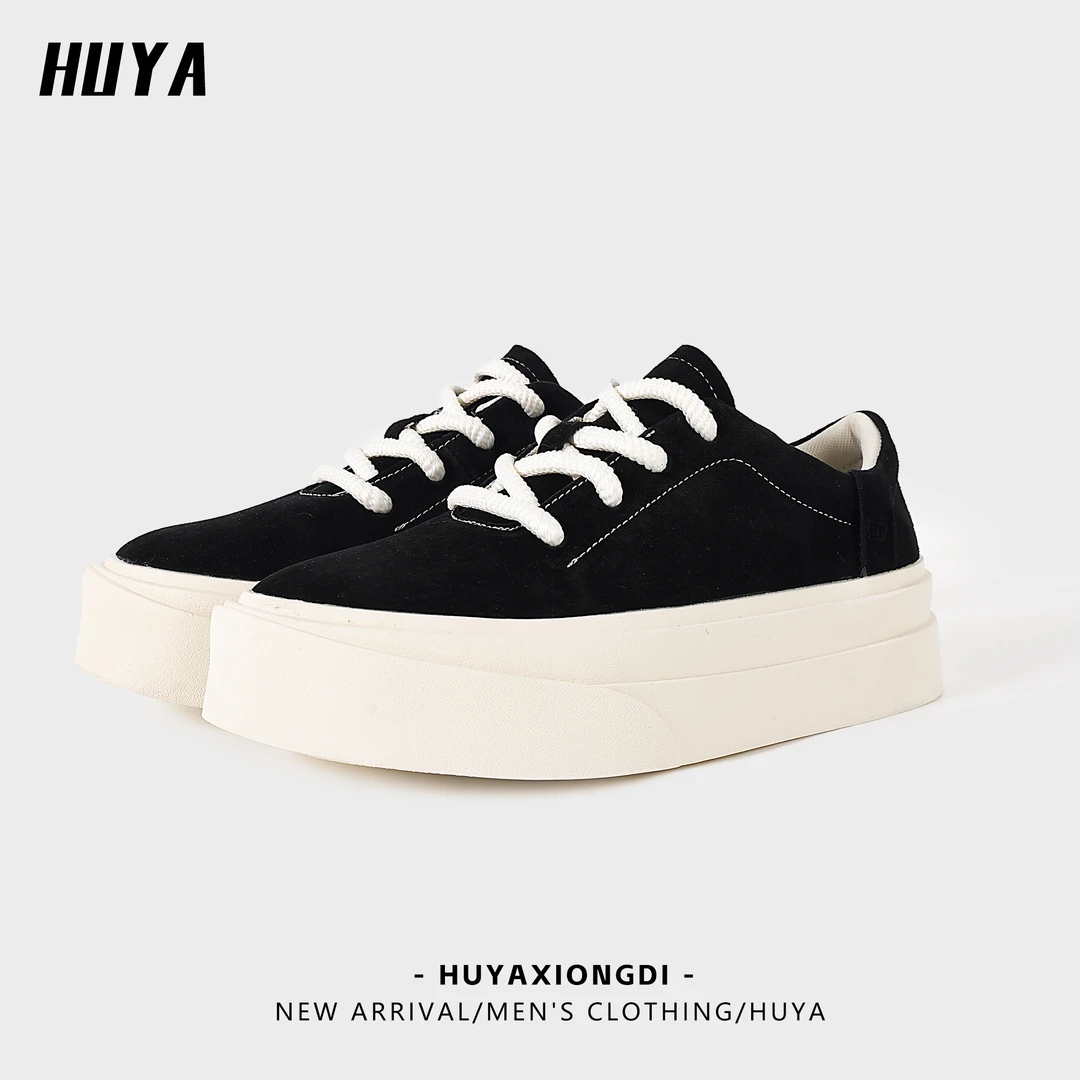 HUYA冬季翻毛真皮厚底休闲鞋百搭男运动鞋潮牌高级感痞帅板鞋6329