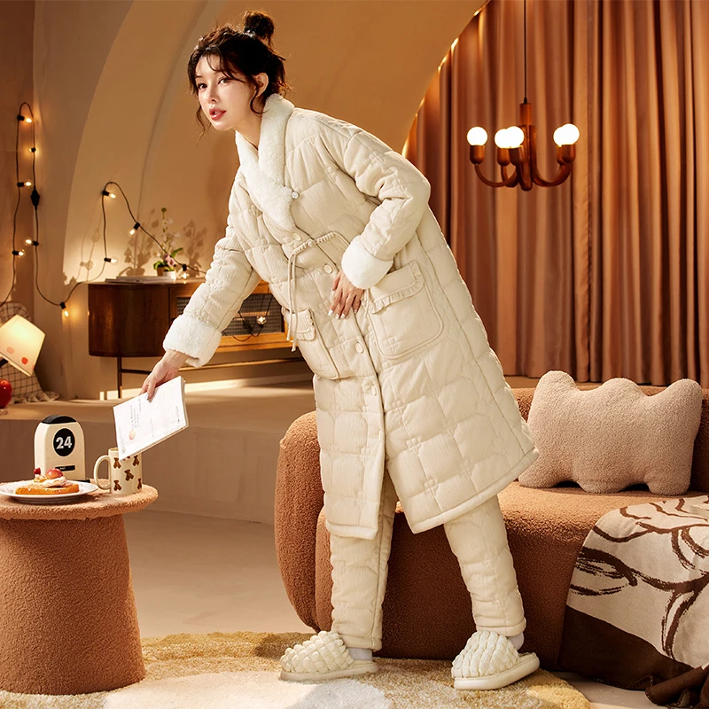秋冬季韩版气质盘扣睡袍女珊瑚绒三层夹棉加绒加厚保暖家居服睡衣