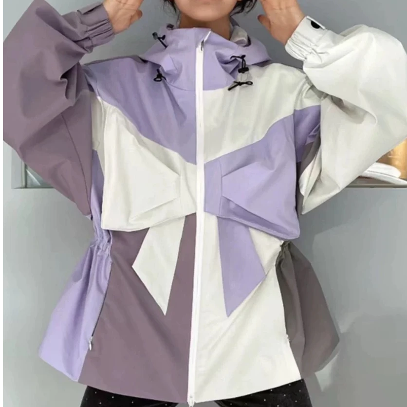 Y123  秋季新款立体蝴蝶结拼色连帽休闲冲锋衣外套